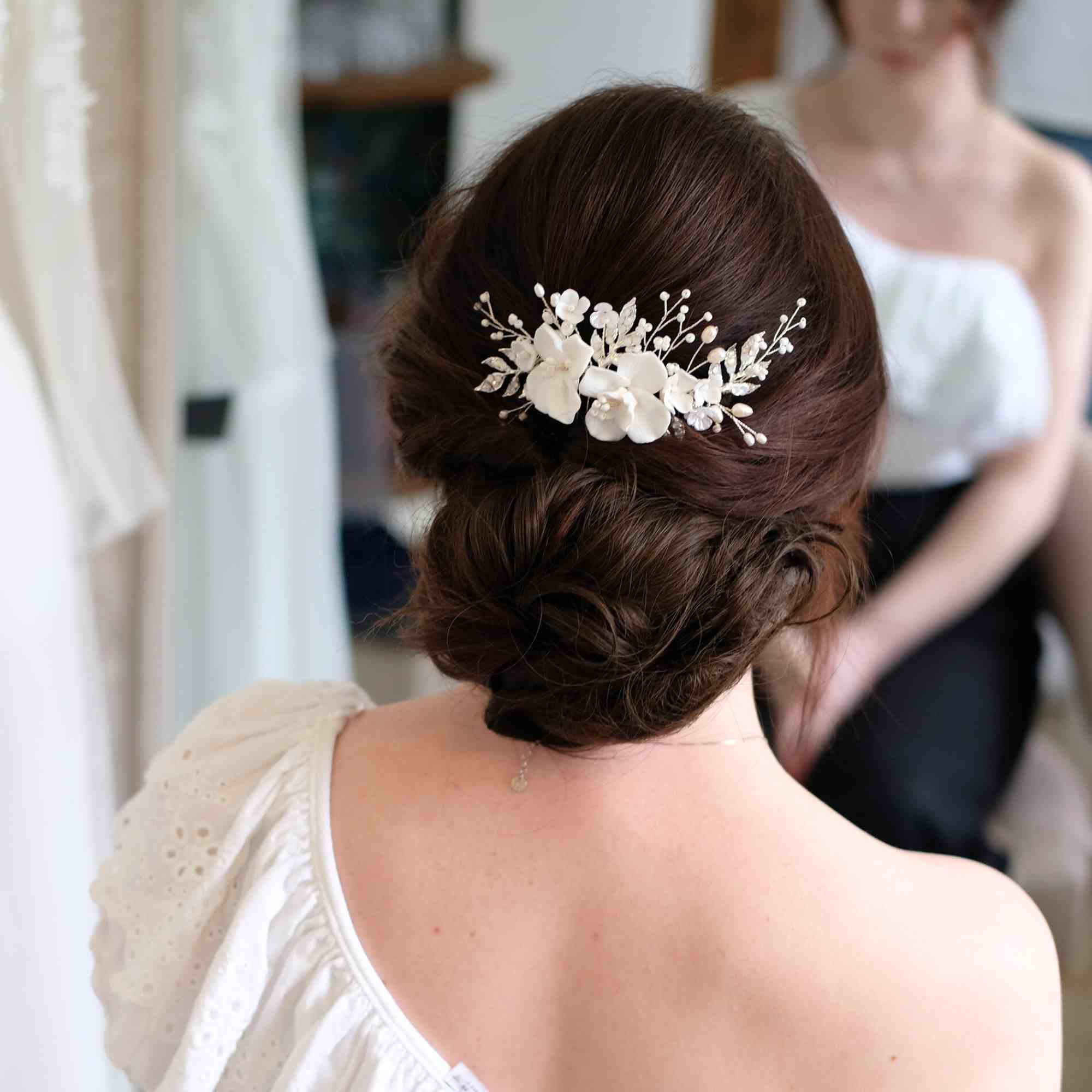 Bridal Hair Jewelry, Hair Comb Bridal Wedding Hair Accessories - Ceramic Flowers BOHO - High Quality Bridal Hair Jewelry by Bridal Jewelry Vumari SKU-67, SKU-68.