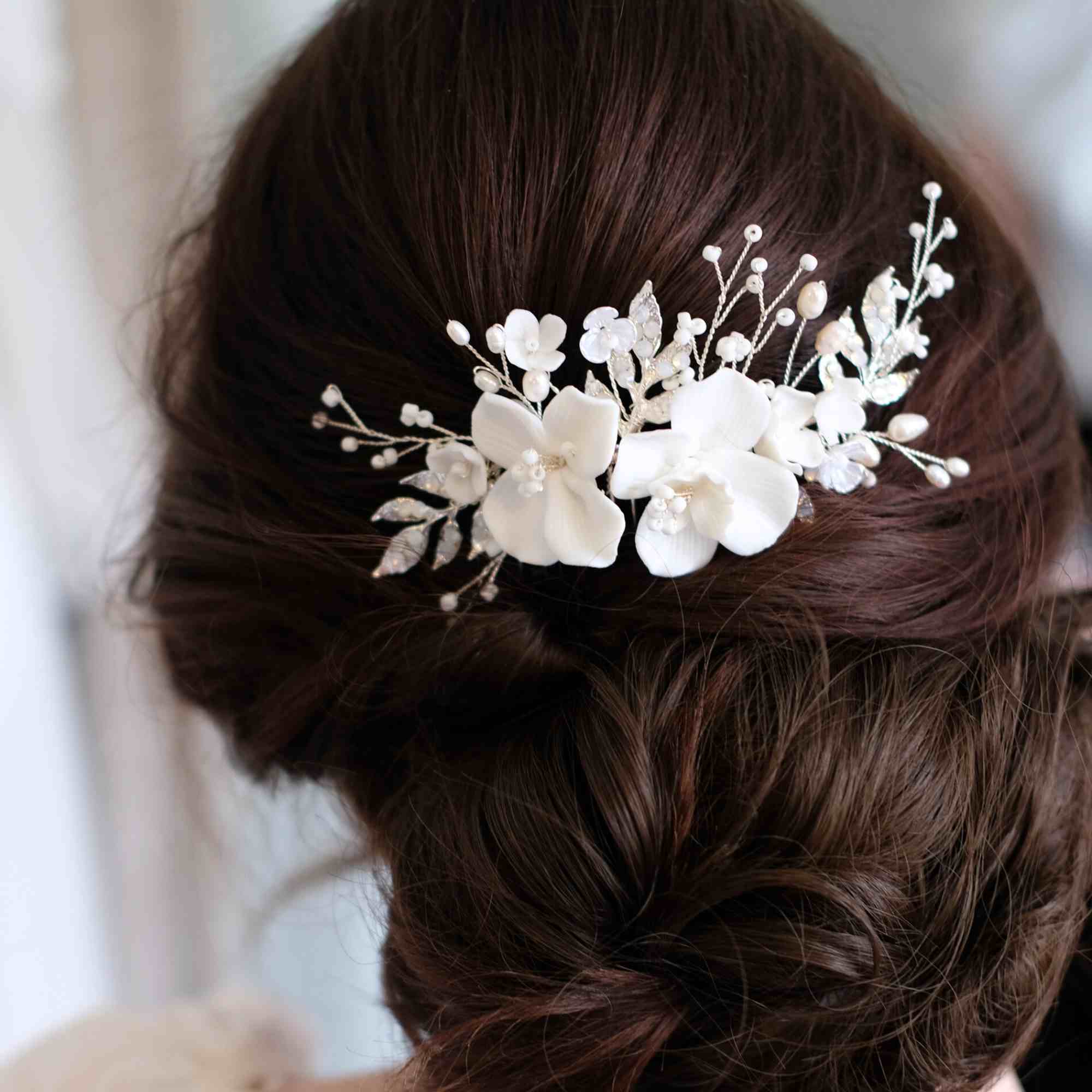 Bridal Hair Jewelry, Hair Comb Bridal Wedding Hair Accessories - Ceramic Flowers BOHO - High Quality Bridal Hair Jewelry by Bridal Jewelry Vumari SKU-67, SKU-68.